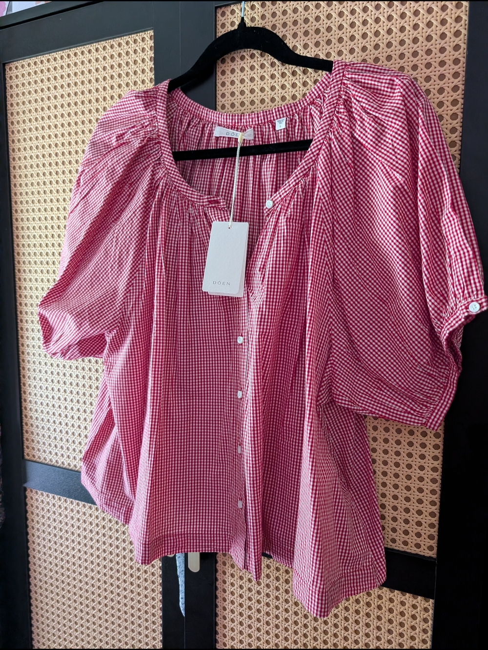 NWT Doen June Top Red Gingham Button-Front Puff Sleeve - Picture 6 of 8